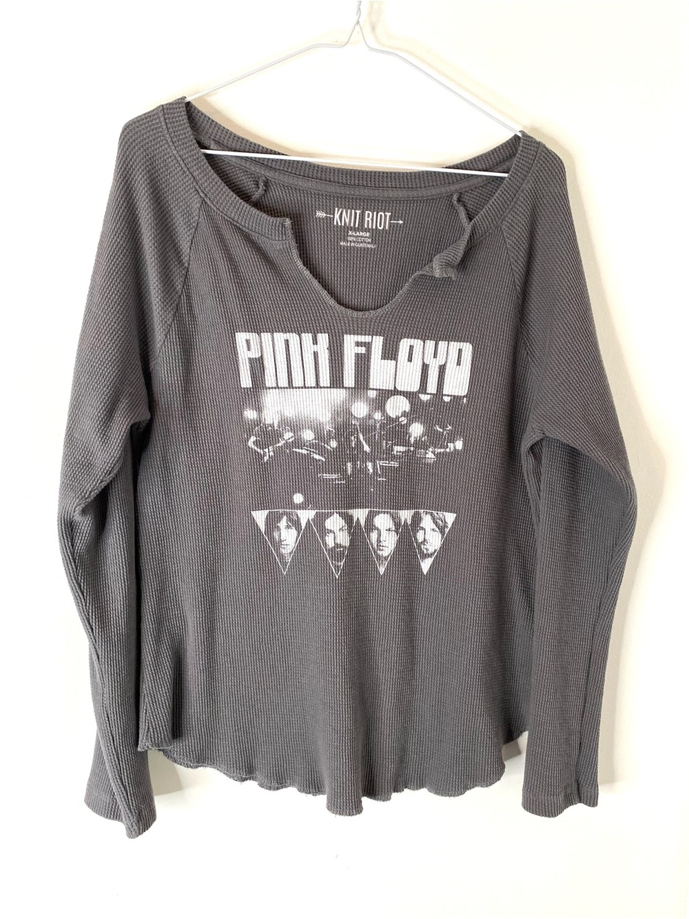 Knit Riot Pink Floyd Distressed Thermal Waffle Knit Graphic Top